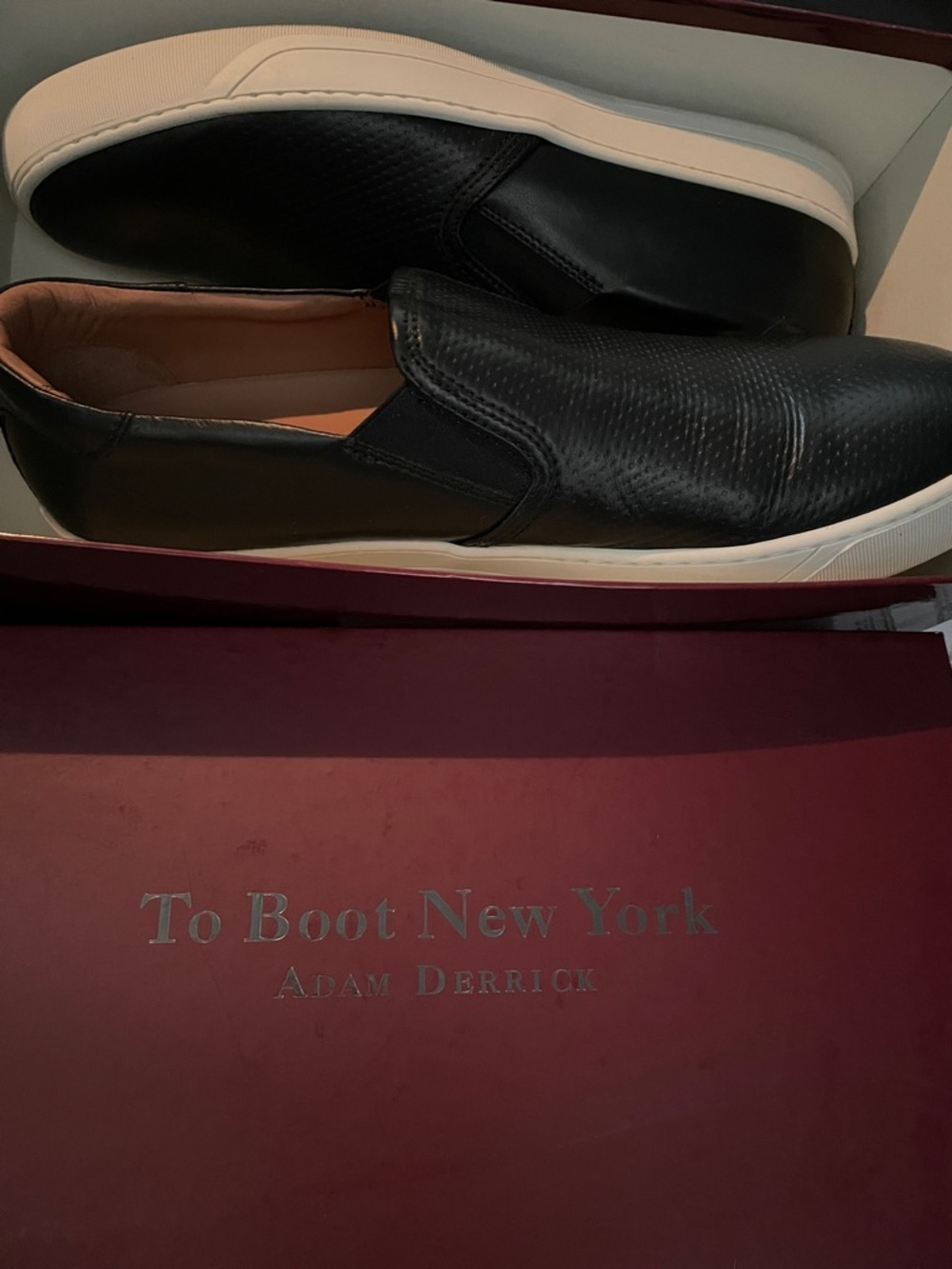 To Boot Black Leather Slip-On Sneakers with White Soles